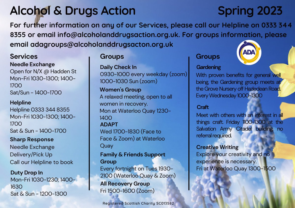 We can't wait to welcome you to our lovely new premises at Waterloo Quay. Here's our new Spring timetable. <a href="/CEO_ADA/">Chief Executive Alcohol & Drugs Action</a> <a href="/NHSGrampian/">NHS Grampian</a> <a href="/AberdeenADP/">Aberdeen City ADP</a> <a href="/AberdeenCC/">Aberdeen City Council</a>