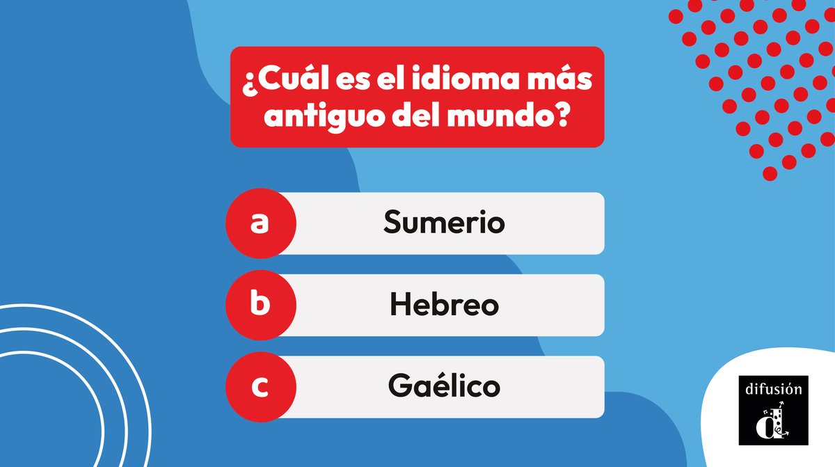 difusion_ele's tweet photo. 🤔 ¿Sabes cuál es el idioma más antiguo del mundo?
A) Sumerio
B) Hebreo
C) Gaélico
Déjanos en los comentarios tu respuesta 🤓
#ELE
#yoenseñoespañol
#RecursosELE
#MaterialesELE
#aprenderespañol
#ManualesELE
#ComunidadDifusión https://t.co/pVSzOpR2gO