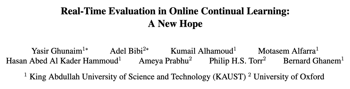 Excited to announce our new benchmark for Online Continual Learning (OCL) with real-world settings, which has been accepted as a 'Highlight' in #CVPR23.

“Real-Time Evaluation in Online Continual Learning: A New Hope”. arxiv.org/abs/2302.01047

Let's take a closer look!🧵
1/7