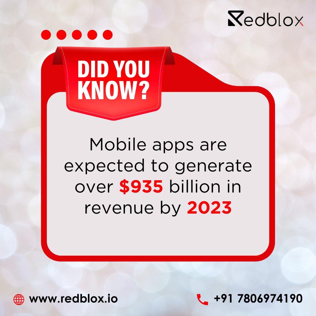 Mobile Applications are expected to generate over $935 billion in revenue by 2023.

Visit our Website: redblox.io

#india #team #experience #development #mobileapplications #appdevelopmentcompany  #mobileappdesign #ecommerceapp #mobileappdevelopmentcompany