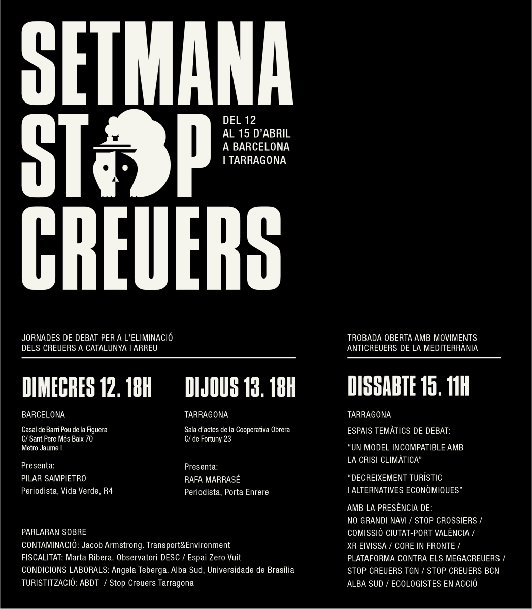 A l'abril, la campanya #StopCreuersCatalunya llança la #SetmanaStopCreuers:
- taules IMPACTES DE LA INDÚSTRIA DE CREUERS: 12 i 13/4 18h al <a href="/casalpou/">CasalBarriPouFiguera</a> de #Bcn i a la Cooperativa Obrera de #Tgn
- trobada #StopCreuers Mediterrània: 15/4
Adhesions al manifest: stopcreuers.cat