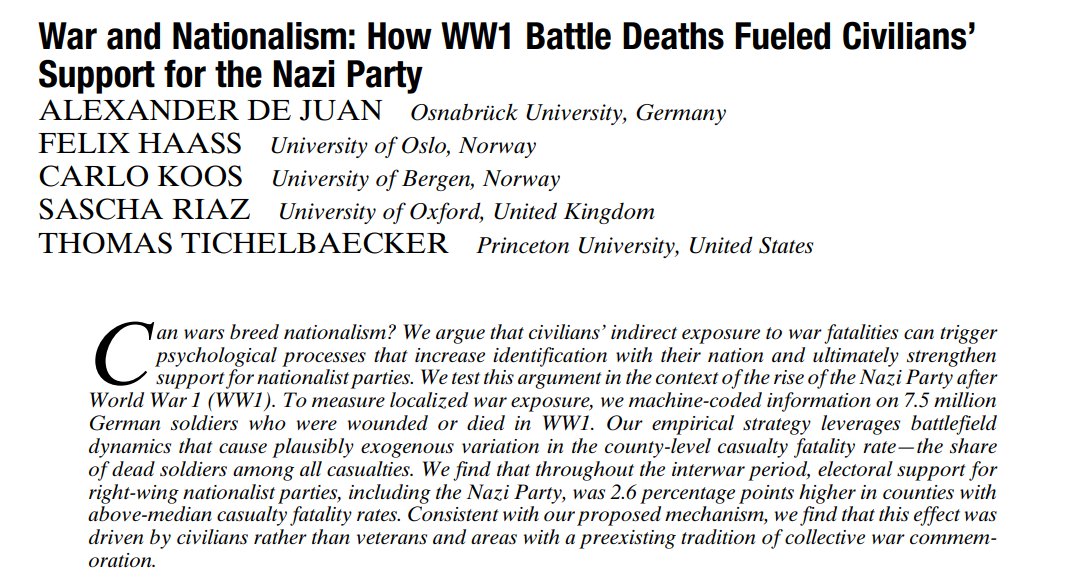 Felix Haass (@felixhaass) on Twitter photo Very happy that our article on "War and Nationalism" has appeared today online first in the <a href="/apsrjournal/">American Political Science Review</a>.
This has been a great collaboration with Alex De Juan, @riazsascha, <a href="/ttichelbaecker/">Thomas Tichelbaecker</a>, & <a href="/CarloKoos/">Carlo Koos</a>
cambridge.org/core/journals/…
What is this paper about & what do we find? 🧵 Very happy that our article on "War and Nationalism" has appeared today online first in the <a href="/apsrjournal/">American Political Science Review</a>.
This has been a great collaboration with Alex De Juan, @riazsascha, <a href="/ttichelbaecker/">Thomas Tichelbaecker</a>, & <a href="/CarloKoos/">Carlo Koos</a>
cambridge.org/core/journals/…
What is this paper about & what do we find? 🧵