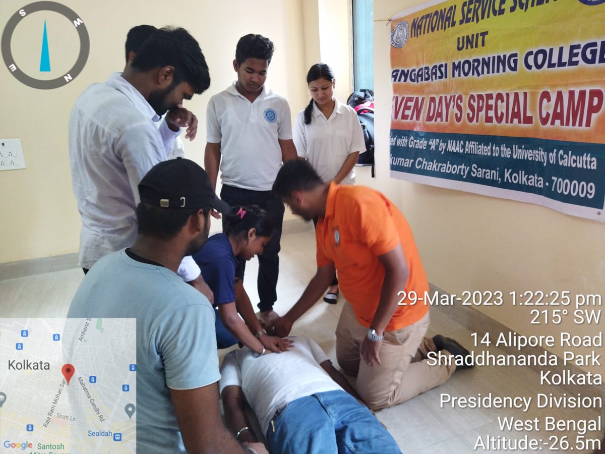 NssMorning's tweet photo. SEVEN DAYS SPECIAL CAMP*
29/03/2023(DAY 6)
Bangabasi morning college NSS unit organised a life saving training session on CPR. @_NSSIndia @ConnectingNss @rdnss_kolkata @YASMinistry @PIBKolkata @PIB_India @pankajsinghips @ https://t.co/fb1MXbIhAb