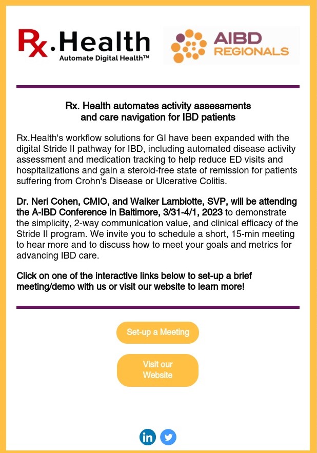 Rx.Health (@rx_health) on Twitter photo We are going to #AIBD in Baltimore!
conta.cc/3lGUfLL
<a href="/rstrobridge/">Rick Strobridge</a> <a href="/NeriCohen/">Dr. Neri Cohen</a> <a href="/Sarthakkakkar10/">Sarthak kakkar</a>
#IBD #crohns #colitis #ulcerativecolitis #fmt #gastroenterology #crohnsdisease #clinicalcare We are going to #AIBD in Baltimore!
conta.cc/3lGUfLL
<a href="/rstrobridge/">Rick Strobridge</a> <a href="/NeriCohen/">Dr. Neri Cohen</a> <a href="/Sarthakkakkar10/">Sarthak kakkar</a>
#IBD #crohns #colitis #ulcerativecolitis #fmt #gastroenterology #crohnsdisease #clinicalcare
