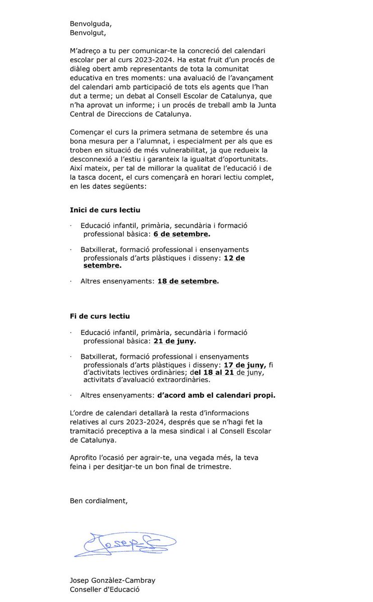 educaciocat's tweet photo. El curs 23-24 començarà el 6 de setembre en horari lectiu complet.

👉🏻El conseller @JosepGCambray ho ha explicat aquest matí, després d'enviar una carta a les direccions, personal docent i no docent, i destaca que la decisió es fruit del diàleg amb tota la comunitat educativa. https://t.co/XEfgaO0DG4