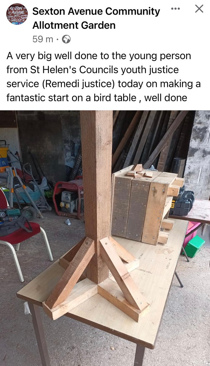 Remedi (@remedirj) on Twitter photo This was sent from #SextonAvenue #community #allotments in #StHelens on the hard work of one of the young people on reparation, who is making a start on a bird table. <a href="/RJCouncil/">Restorative Justice Council</a> <a href="/AssocPCCs/">Association of Police and Crime Commissioners</a> <a href="/gmpolice/">Greater Manchester Police</a> <a href="/ManCityCouncil/">Manchester City Council</a> <a href="/greatermcr/">Greater Manchester Combined Authority</a> <a href="/_YJB/">Youth Justice Board</a> <a href="/RJAPPG/">Restorative Justice APPG</a> <a href="/DeputyMayorofGM/">Deputy Mayor for Safer and Stronger Communities</a> This was sent from #SextonAvenue #community #allotments in #StHelens on the hard work of one of the young people on reparation, who is making a start on a bird table. <a href="/RJCouncil/">Restorative Justice Council</a> <a href="/AssocPCCs/">Association of Police and Crime Commissioners</a> <a href="/gmpolice/">Greater Manchester Police</a> <a href="/ManCityCouncil/">Manchester City Council</a> <a href="/greatermcr/">Greater Manchester Combined Authority</a> <a href="/_YJB/">Youth Justice Board</a> <a href="/RJAPPG/">Restorative Justice APPG</a> <a href="/DeputyMayorofGM/">Deputy Mayor for Safer and Stronger Communities</a>