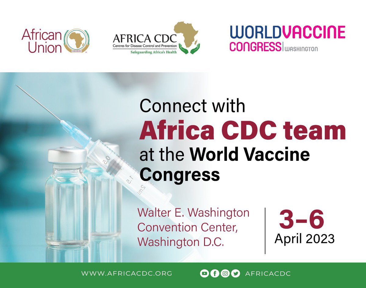 Will you be in the World Vaccine Congress from 3-6 April 2023 in #WashingtonDC? Visit the @AfricaCDC Booth during the World Vaccine Congress and learn more about the work Africa CDC is doing in vaccine space in #Africa.  #VaccinesForAfrica #Vaccineworks @AkhonaTshangela