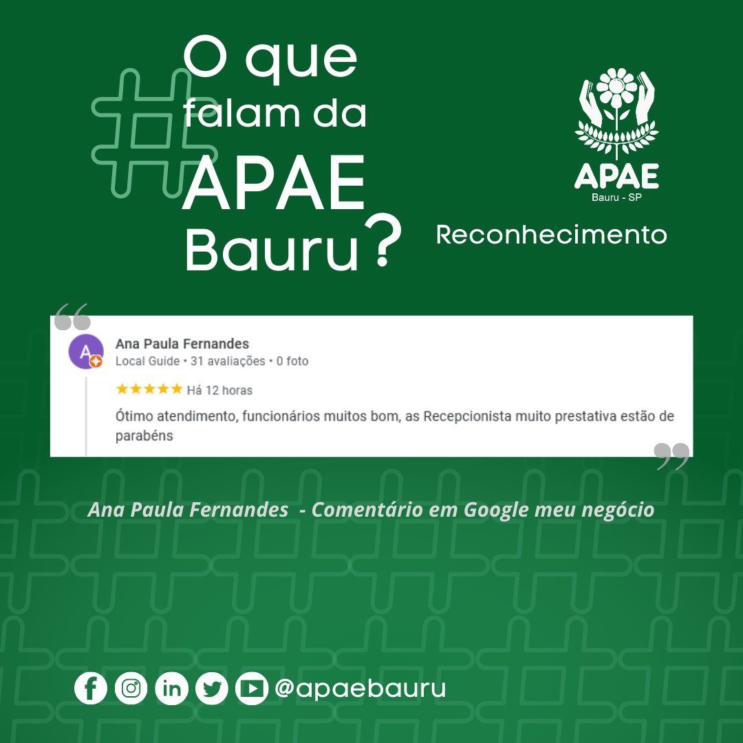 apaebauru's tweet image. Oferecer a melhor qualidade e humanização na prestação dos serviços está na missão da APAE Bauru. 💛

Obrigada, Ana Paula Fernandes, pelo carinho e reconhecimento ao nosso trabalho e equipe. 🙏

#apae #apaebauru #bauru
#inclusão #trabalhohumanizado