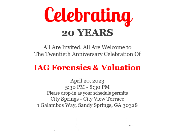 IAG_ForensicCPA's tweet photo. Please join us as we celebrate our 20th anniversary!
Follow the link below to RSVP!
https://t.co/pI2DYUKTif https://t.co/yLcATiOHpE