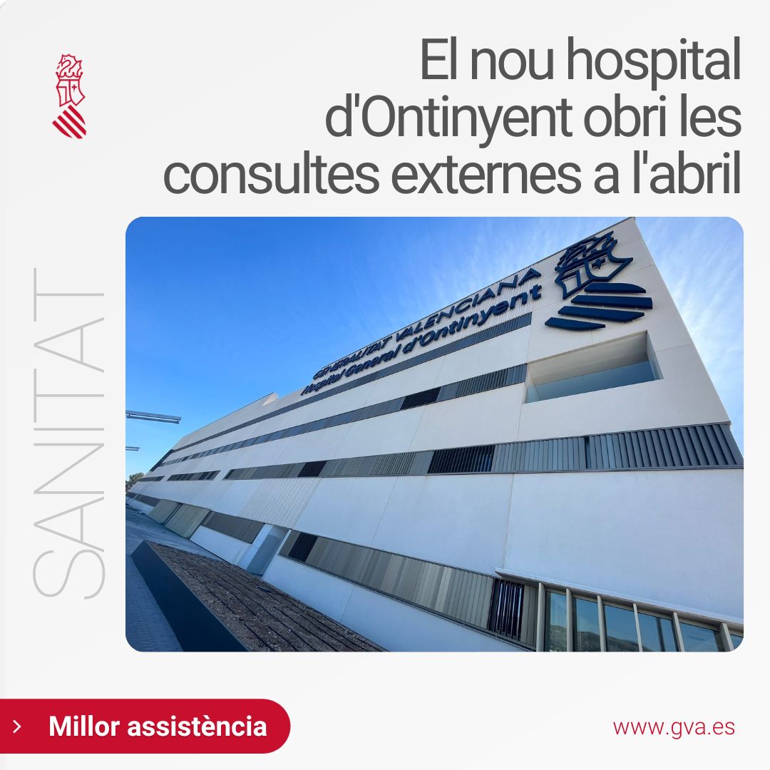 generalitat's tweet photo. 🏥 El nou hospital d'Ontinyent inicia la seua activitat

🙌 Obri les consultes externes 🗓 a l’abril

Disposarà de 👇
➕ Llits
➕ Quiròfans
➕ Consultes externes
Nous serveis assistencials ⤵
🔸 Hospital de Dia
🔸 UVI
🔸 Unitat de Dany Cerebral

💶 43 M€

@GVAsanitat 🩺 @GVAdsxo