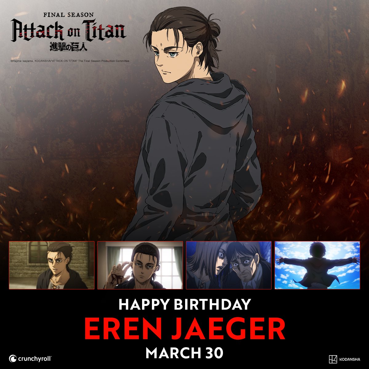 AttackOnTitanEN's tweet photo. Happy birthday, Eren. https://t.co/OtDMABjRYN