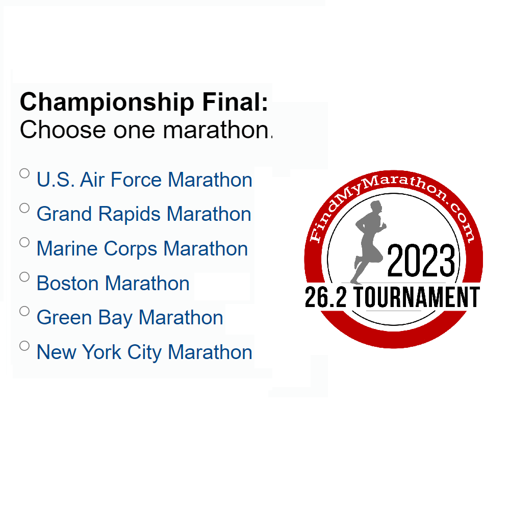 Vote today in the Championship Round of the 26.2 Tournament. Help crown the 2023 champion.

findmymarathon.com/262Tournament.…

Our Finalists are:

<a href="/AFMarathon/">Air Force Marathon</a> 
#GrandRapidsMarathon
<a href="/Marine_Marathon/">Marine Corps Marathon</a> 
#bostonmarathon
<a href="/cellcommarathon/">Cellcom Green Bay Marathon</a> 
#nycmarathon