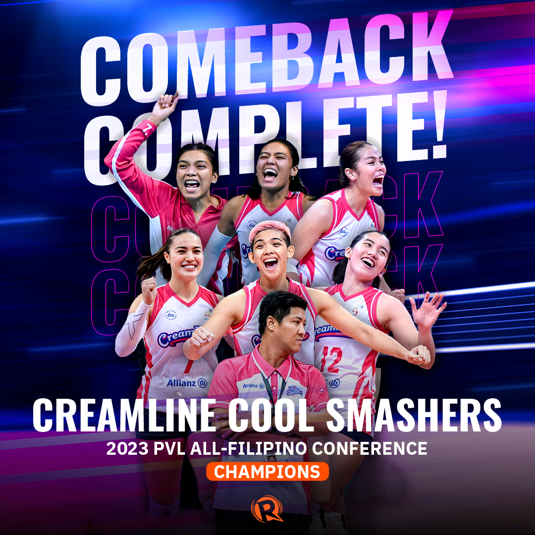 RapplerSports's tweet photo. COMEBACK COMPLETE! 💪🏼🥇

BREAKING NEWS. The Creamline Cool Smashers rebound from a finals Game 1 loss and successfully defend their PVL All-Filipino Conference title against longtime rival Petro Gazz Angels! Congratulations! 🏆

#PVL2023 #PVLFinalsGame3 https://t.co/7z5dfYKZAB https://t.co/K80chBq0za
