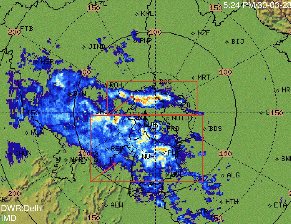 Nowcast-2
Severe storm developing over #Delhi and adj #Ncr,
•Moderate to intense rain followed by gusty winds & storm front w/ #hailstorm and Lightning strikes likely over #Baghpat, #Gurgaon, #Faridabad,  #NorthDelhi. #EastDelhi & adj areas during nxt  3 hrs
#DelhiRains