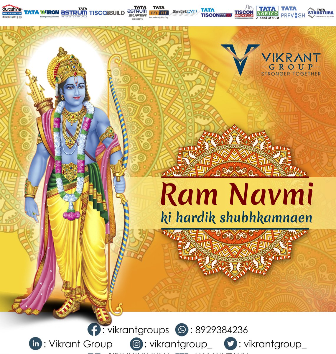 vikrantgroup_'s tweet photo. Vikrant Group wishes Shubh Ram Navami to you and your loved ones. May Lord Ram bless you with success, happiness and peace on the auspicious occasion of Ram Navami.
#vikrantgroup #tata #TataSteel #navratri #navratri2023 https://t.co/BpqSNXQhNi