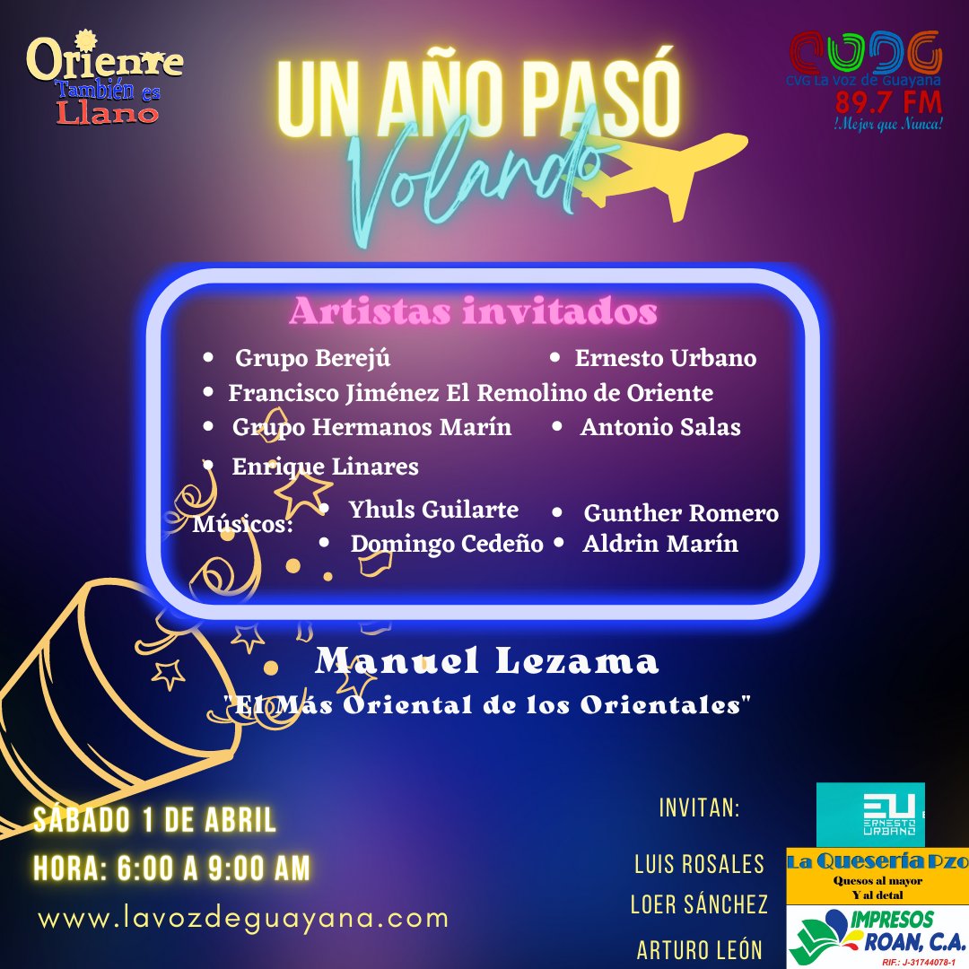OrientesLlano's tweet photo. Este sábado 1 de abril el programa Oriente También es Llano cumple su primer año en CVG la Voz de Guayana. Los invito a disfrutar nuestra música en vivo.
Si estás fuera de Ciudad Guayana, escúchanos por https://t.co/sAszMCixS4 https://t.co/AcuZZMBJ3S