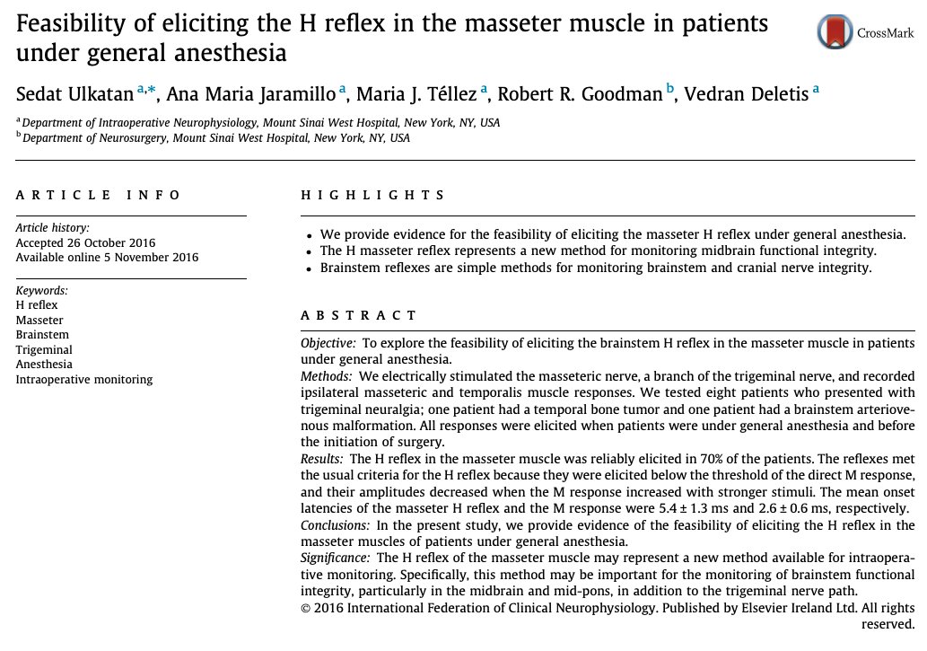 ClinicalNeuroph's tweet photo. [The H reflex under anesthesia] Ulkatan et al.: “The H masseter reflex represents a new method for monitoring midbrain functional integrity.”

https://t.co/OqjcE9C2T0
@MountSinaiNYC
#HReflex #Brainstem #IONM #ClinicalNeuroph https://t.co/y3FhrVG0Rv