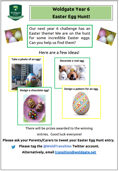 Each year our secondary schools run a series of transition events. These are all fun activities to engage the children in preparing to move up to Year 7. Woldgate's latest challenge is here! We are sure it's going to be egg-cellent @Woldtransition #Y6transition #Easteractivity