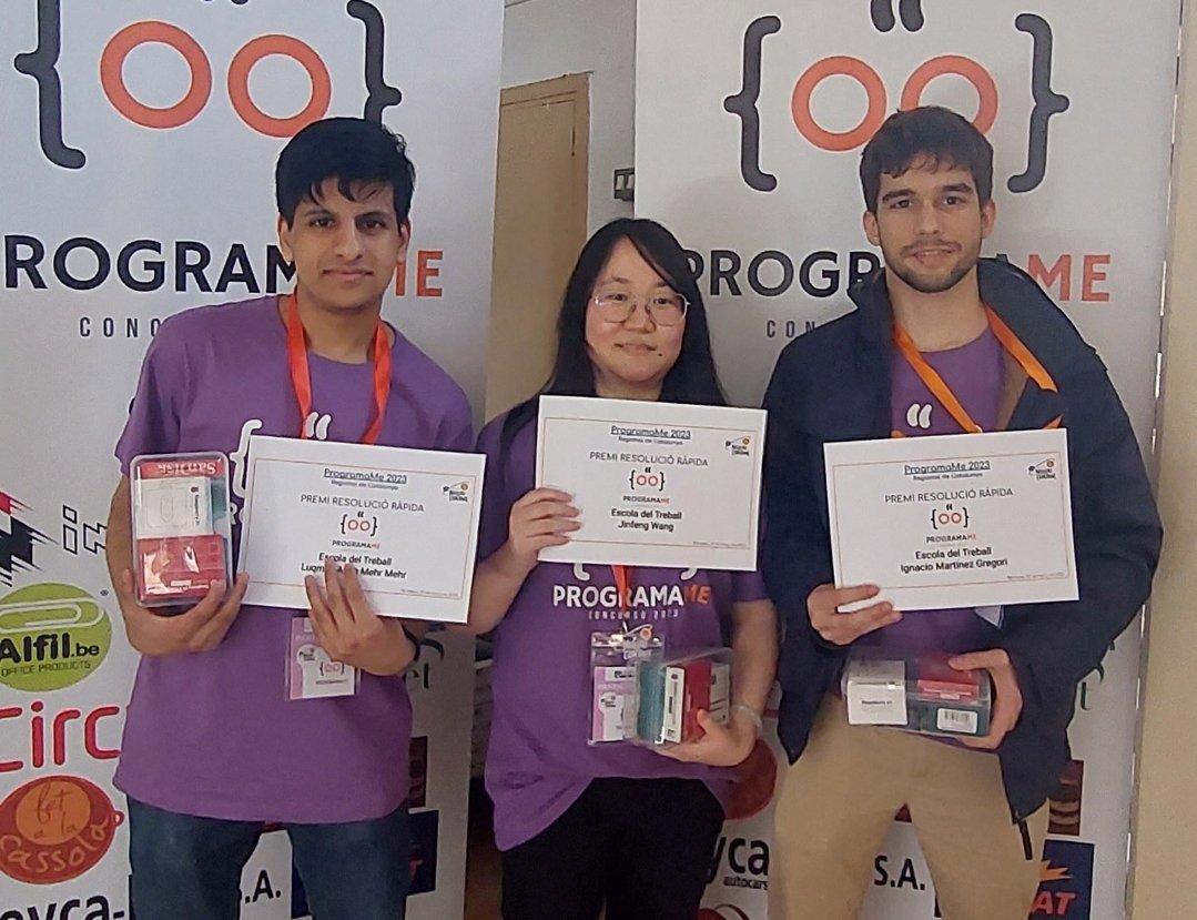 EdTbarcelona's tweet photo. El dijous 29 de març es va celebrar a l'Institut Nicolau Copèrnic de Terrassa la IX edició de la fase regional catalana del ProgramaMe.
Els alumnes de 2n de DAM Jinfeng Wang, Ignacio Martinez Gregori i Luqman Amin Mehr Mehr van aconseguir el Premi Resolució Ràpida
1/2 https://t.co/7SrFKUCQjl