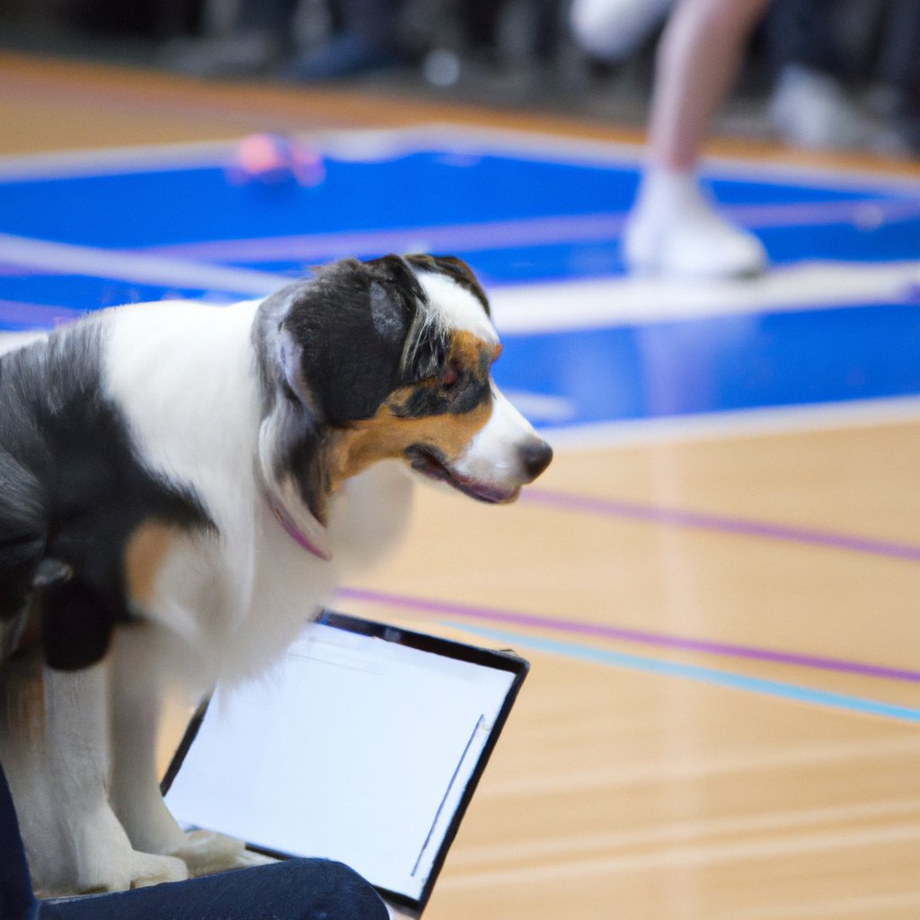 TechieDogs's tweet photo. Australian Shepherd dog progamming at Basketball Finals with a MacBook Air. #TechieDogs https://t.co/R4ZQmvmnJm