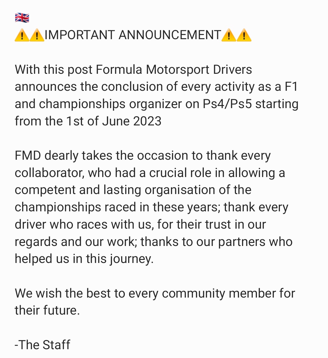 Our Journey as a community will end June 1st, after the GT3 Championship Season 2 starting April 12th.
It was beautiful, Thank you to everyone involved 🖤💛

#FMD