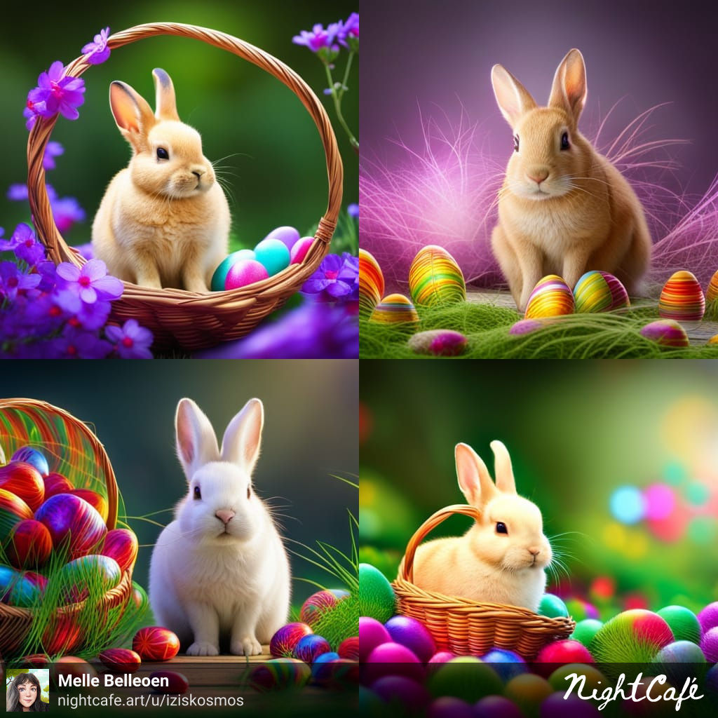 IsabelleTjoen's tweet photo. A Cute Little Easter Bunny made with NightCafe Creator
#Easter2023 #eastereggs #AnimalLovers #bunny #iziskosmos #frenchcreator #frenchwriter
https://t.co/j5x7AbvPri #aiart #nightcafe #digitalart #vqganclip μέσω @NightcafeStudio https://t.co/iIhvBWgI0i
