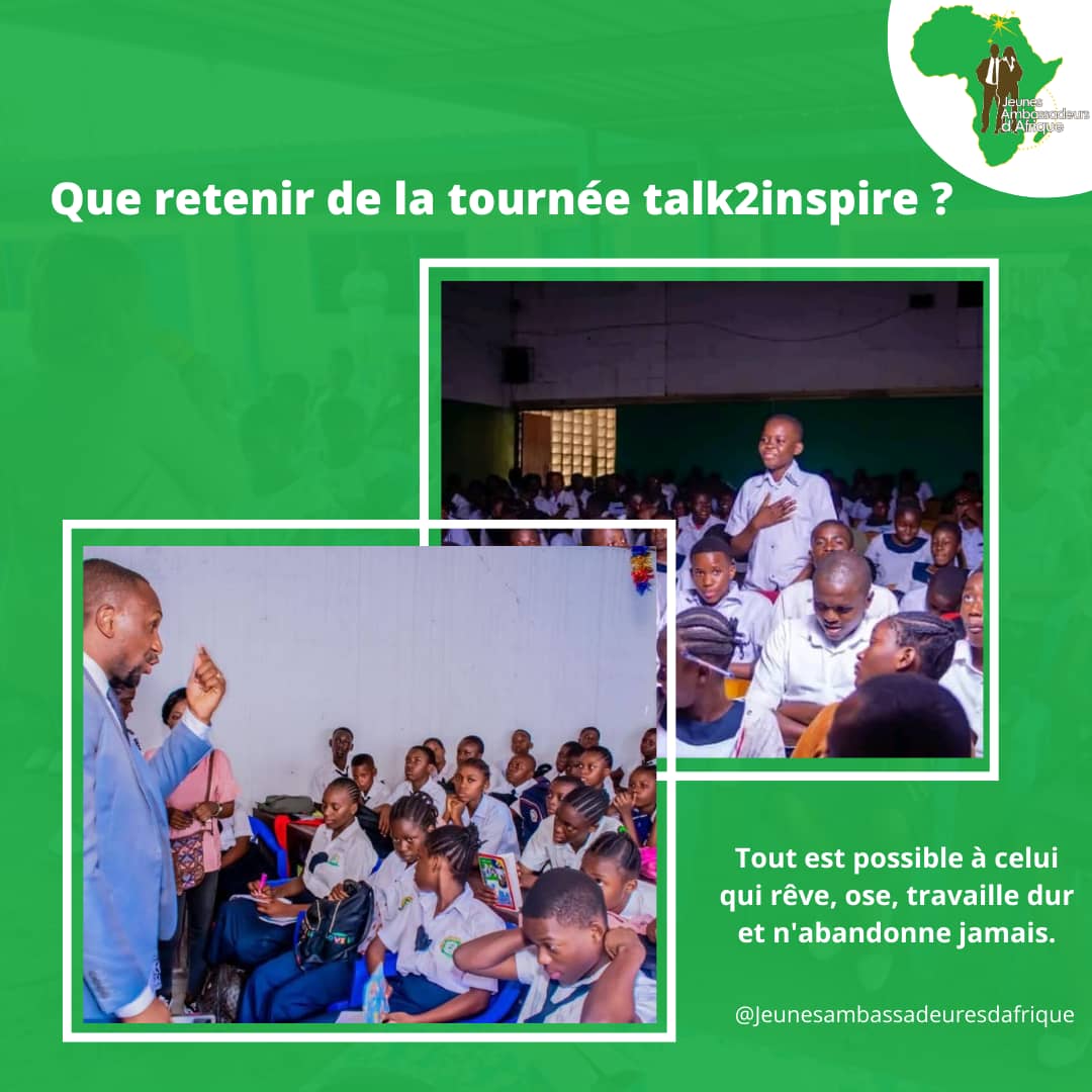JeunesAmbassAfr's tweet photo. "Qu'avez-vous pensé/ retenu de la tournée T2I ?
Partagez-nous votre plus belle expérience!
Votre témoignage compte.
Votre avis compte.
#JAA #Talktoinspire https://t.co/NJEoxPzOBK