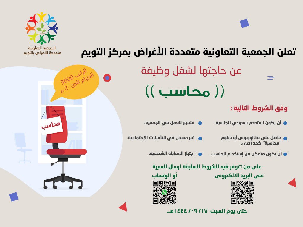 Twaim2030's tweet photo. تعلن الجمعية متعددة الاغراض بالتويم عن حاجتها لشغل وظيفة ( محاسب ) وفقاً للشروط المذكورة في الإعلان المرفق 👇 https://t.co/q8phsONXj7