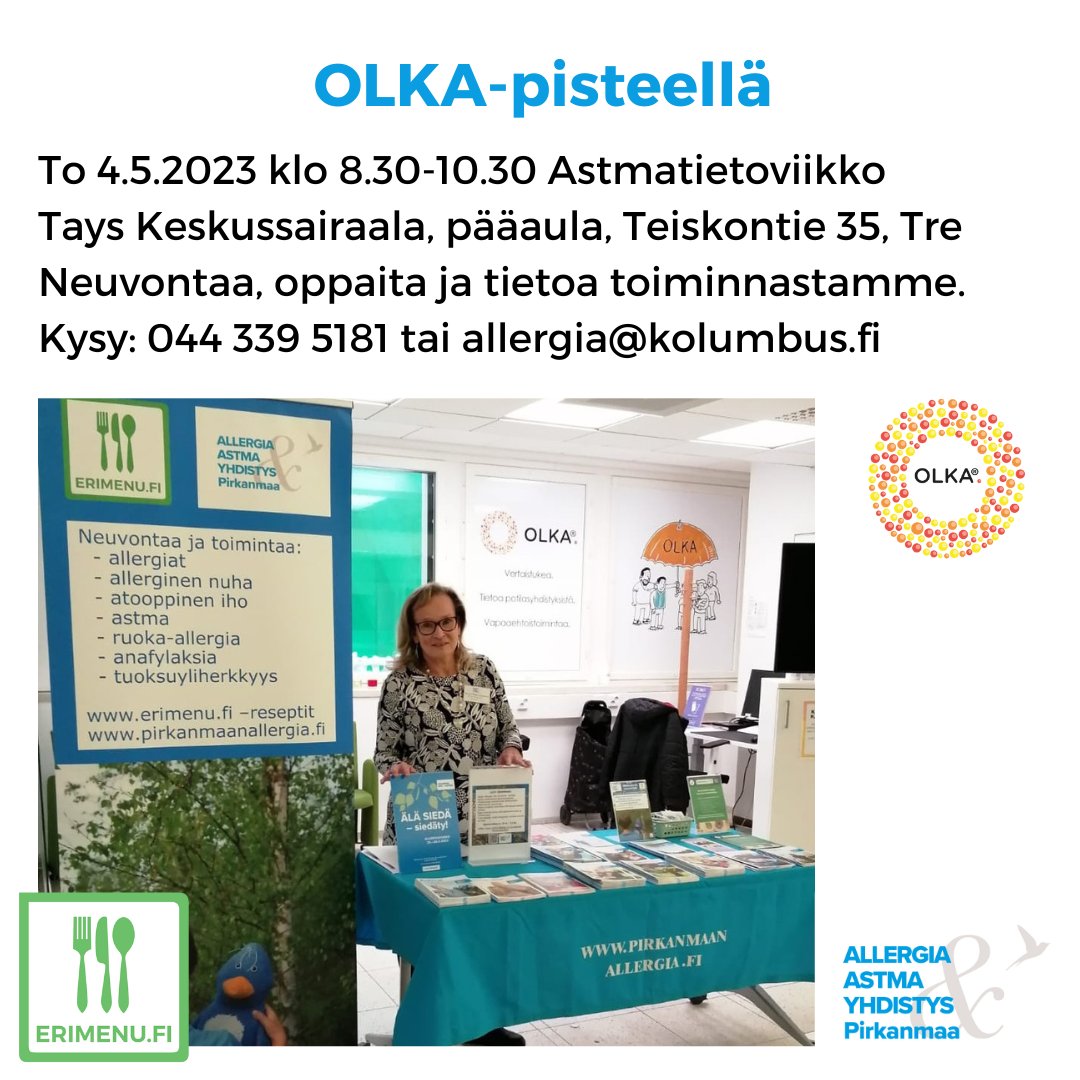 Pirk_Allergia's tweet photo. #Allergia- ja #astma'neuvojamme jakaa #Astmatietoviikko'torstaina @Tays_sairaala'n #OLKA-pisteellä tietoa toiminnastamme allergisille ja sairaalan ammattilaisille.
https://t.co/B2bh5Lwyvs
#OLKApirkanmaa #atooppineniho #anafylaksia #tuoksuyliherkkyys #ruokaallergia @erimenu https://t.co/tyMpHiTr72