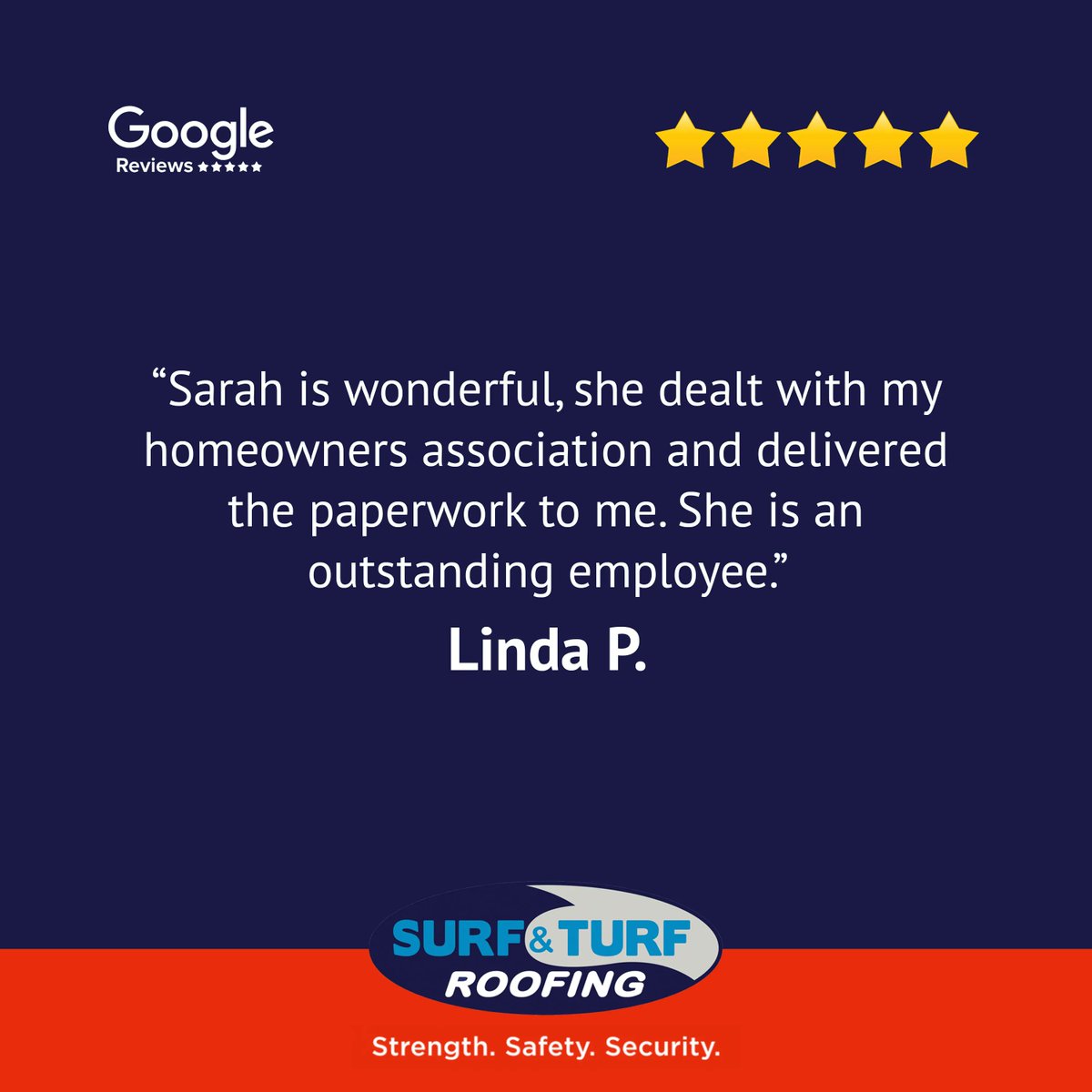 SurfandTurfRoof's tweet photo. ⭐️⭐️⭐️⭐️⭐️
“Sarah is wonderful, she dealt with my homeowners association and delivered the paperwork to me. She is an outstanding employee.” -Linda P.

#outstanding #therealmvp #teamworkmakesthedreamwork #happycustomers https://t.co/LvVsyJUBJ6