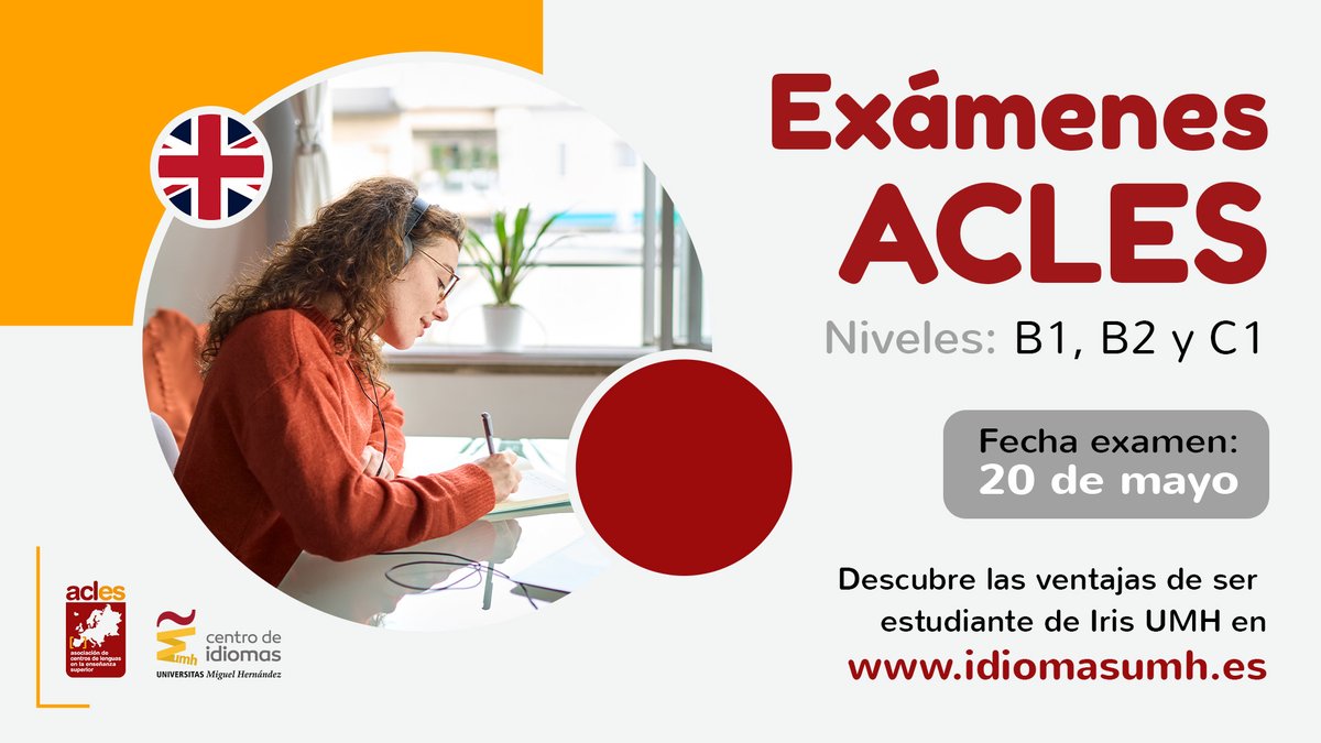 IdiomasUMH's tweet photo. 👏 ¡Prepárate para certificar tu nivel de inglés con el examen @ACLES_Spain!
➡️ Inscripciones: https://t.co/I4WtxbDZur
Realiza la prueba a través del #CentroDeIdiomas de la @UniversidadMH el 20 de mayo de 2023 y demuestra tu dominio del idioma.
#ACLES #Inglés #Examen https://t.co/LsIjpMFnBm