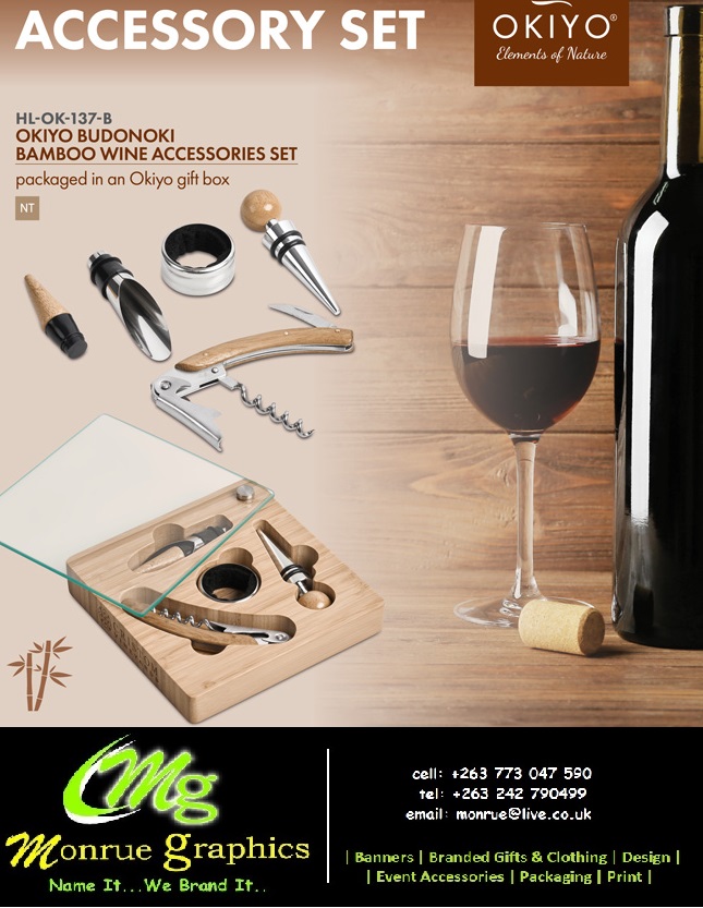 mongraphics's tweet image. New Product Alert | Okiyo Budonoki Bamboo Wine Accessories Set

A wine accessory set is a trusted favourite, but through the use of bamboo and strong, tempered glass, this new arrival is given a fresh and natural feel.
 +263 773 047 590 or email monrue@live.co.uk 
#brandedgifts