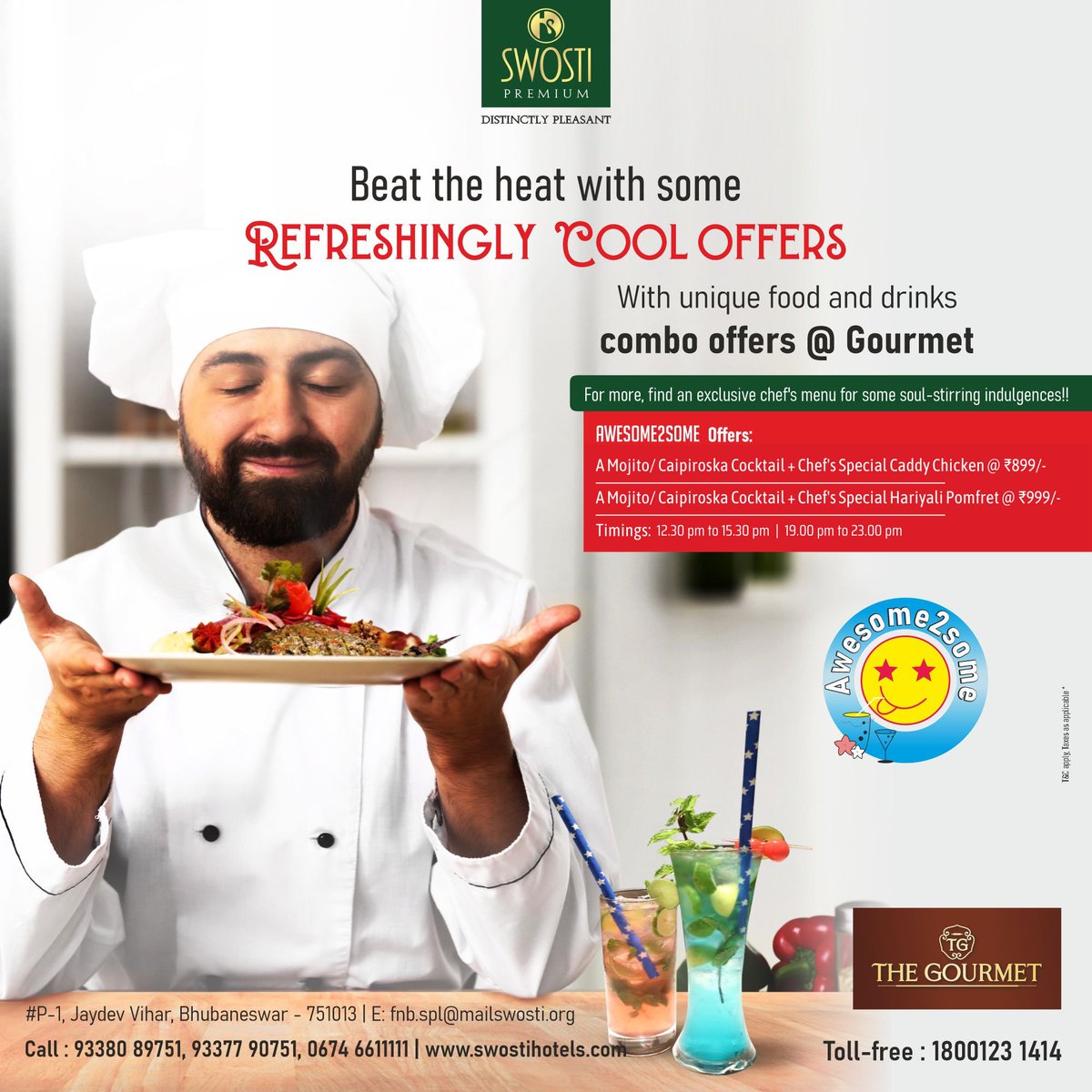 swostihotels's tweet photo. Beat the heat with some refreshing cool offers at The Gourmet Restaurant, Swosti Premium, Bhubaneswar.
โก๏ธExclusive Combo Offers @ Gourmet. Try mojito/Caipiroska with Caddy Chicken or Hariyali Pomfret.
Call us:๐9338217327 to book a table.
#Restaurant #ComboOffers #SwostiPremium https://t.co/fCd0gcIxh1