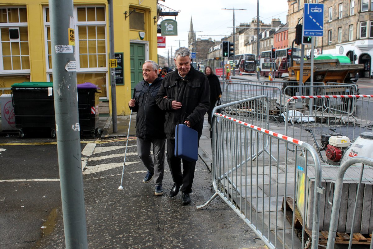 Today we accompanied @JackRMCaldwell along Leith Walk to demonstrate the barriers that those with sight loss can experience navigating streets- from inconsistent tactile paving to street clutter and unsafe continuous footways.  #AccessibleStreets