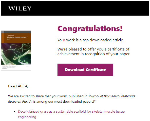 Good to see the recognition for our paper on skeletal muscle tissue engineering! <a href="/ScottJamesAllan/">Scott Allan</a> <a href="/MarianneJEllis/">Marianne Ellis</a> #topdownloadedarticle @LifeScienceBath