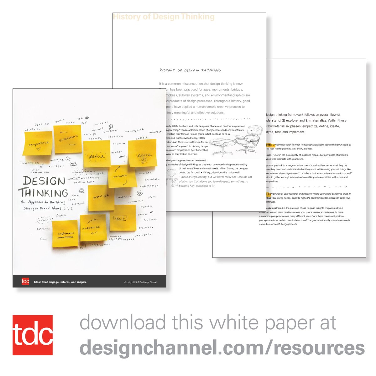 designchanneldc's tweet photo. The six main components of the design thinking framework are Empathize, Define, Ideate, Prototype,  Test, &amp; Implement. To learn how to facilitate these elements to address branding and communications challenges, download our free ebook, “Design Thinking” https://t.co/15BlOYCBQs https://t.co/mOgLozb0Rt