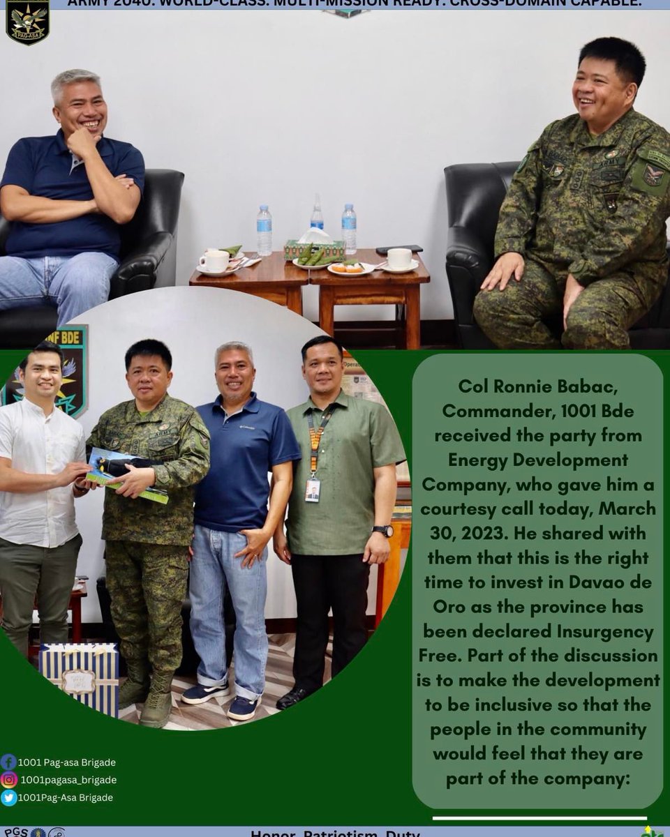 1001stPagasa's tweet photo. Lookll Col Ronnie Babac, Commander, 1001 Bde received the party from Energy Development Company, who gave him a courtesy call today, March 30, 2023. https://t.co/43AkKolZYw https://t.co/rzk8e1XI7b