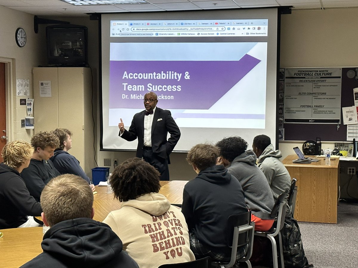 pnfootball's tweet photo. Thank you to @dr_mjacksonplsd for stopping by this morning to talk our young men about Accountability in All areas of life! Also blessing us with his high school football stats playing alongside @alleniverson in football. #DETA1LS https://t.co/TtcmfS8G5k
