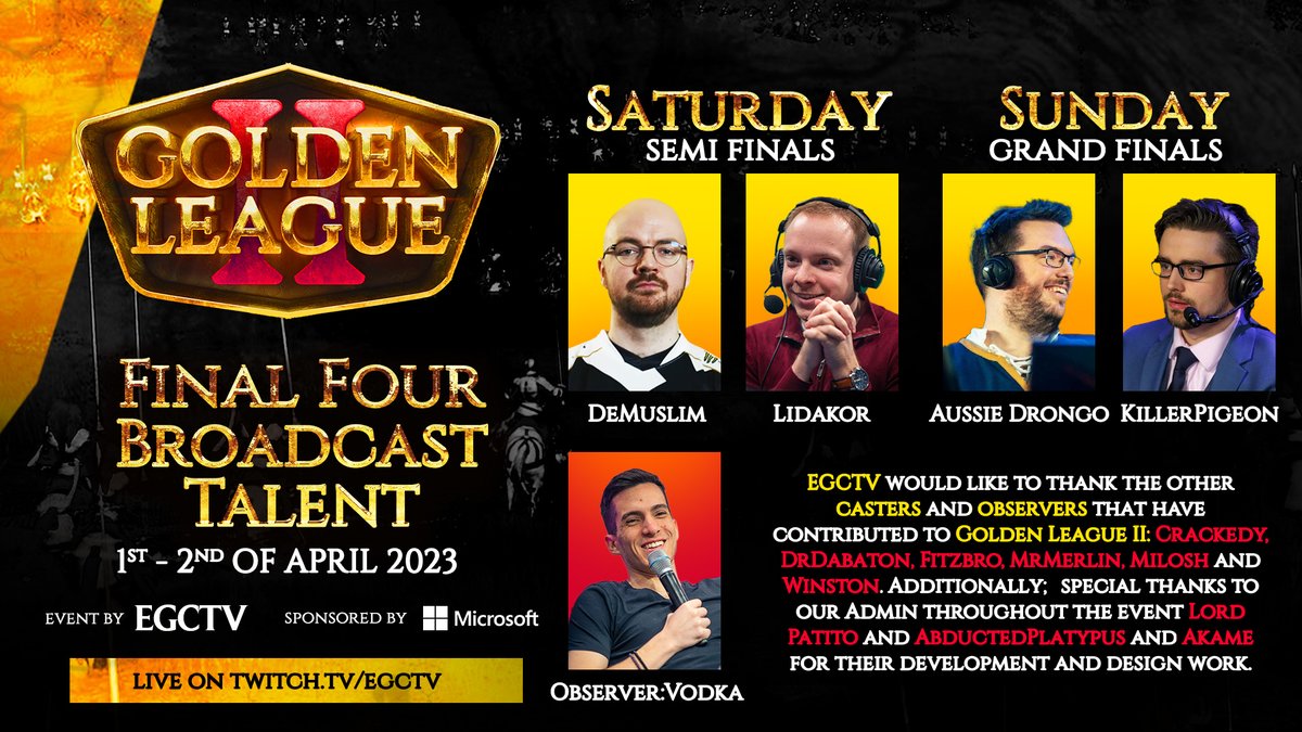 Elite Gaming Channel (@egctv_official) on Twitter photo We're pumped to introduce you to the broadcast talent that will be guiding you through the Final 4 of Golden League II!
Saturday <a href="/DeMusliM/">The Muslim Lantern DE</a> and <a href="/LidaCasts/">LidaKor 🎙</a>
Sunday <a href="/Aussie_Drongo/">Aussie_Drongo</a> and <a href="/KillerPigeon/">Darren Elmy</a>
Many thanks to all the other incredible talent that have contributed to this event! We're pumped to introduce you to the broadcast talent that will be guiding you through the Final 4 of Golden League II!
Saturday <a href="/DeMusliM/">The Muslim Lantern DE</a> and <a href="/LidaCasts/">LidaKor 🎙</a>
Sunday <a href="/Aussie_Drongo/">Aussie_Drongo</a> and <a href="/KillerPigeon/">Darren Elmy</a>
Many thanks to all the other incredible talent that have contributed to this event!