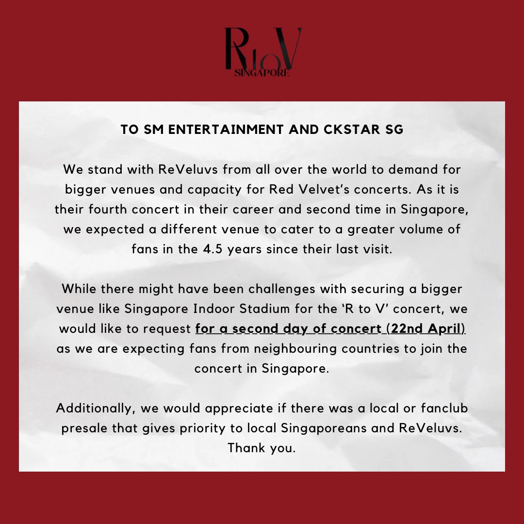 sg_reveluvs's tweet photo. To @ckstarsg @RVsmtown, this is what we want. 

BIGGER VENUES FOR RED VELVET

#레드벨벳글로벌투어를위한더큰행사장
#RedVelvetDeservesBetter 
#ลัฟวี่ไม่เอาธันเดอร์โดม https://t.co/rGaT6TR8Xh