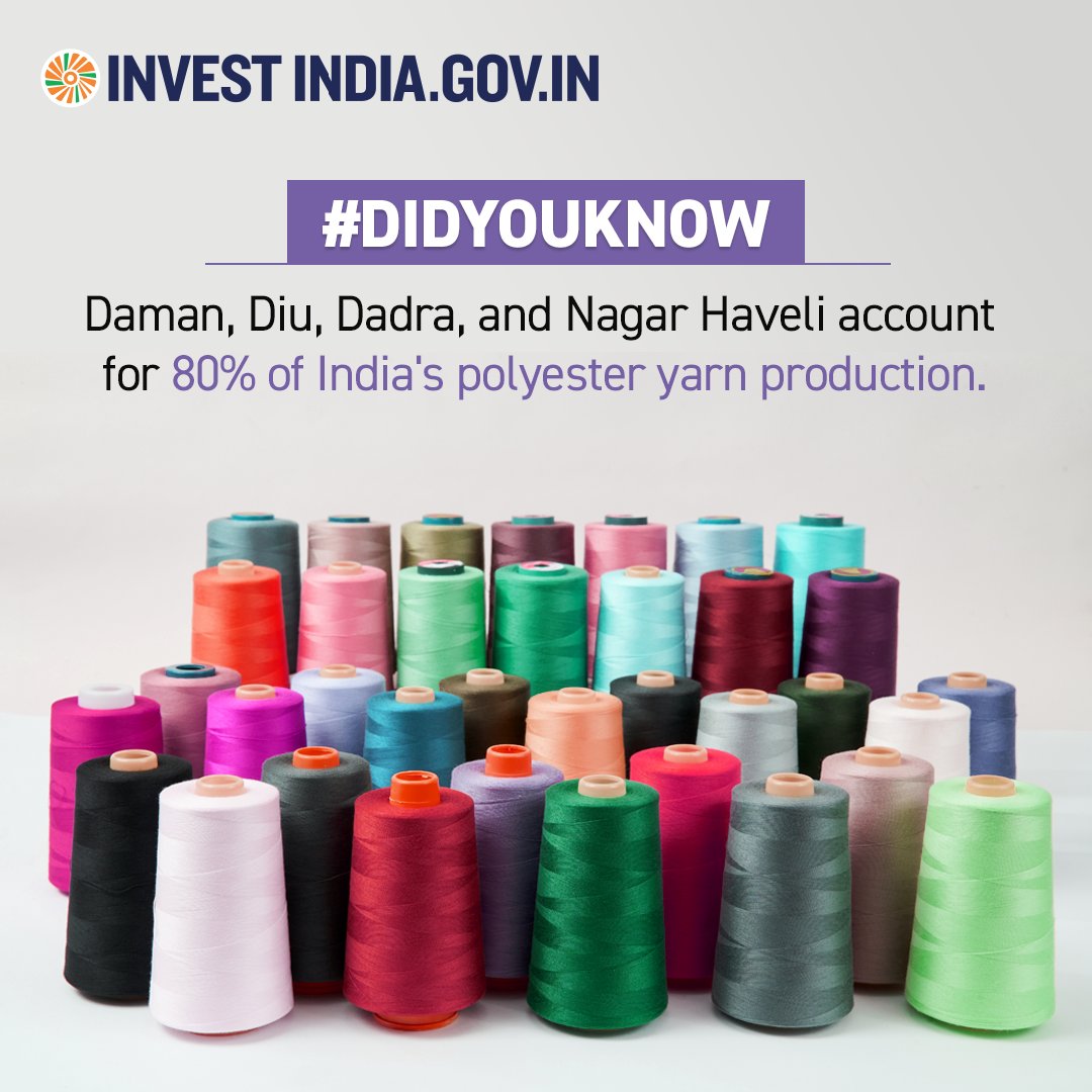 investindia's tweet photo. #InvestInIndia

The Dadra and Nagar Haveli and Daman and Diu Union Territory is home to 14 man-made fibre and yarn industries.

Explore more here: https://t.co/RyaIztiRSG

#InvestIndia #Polyster #MakeInIndia #Yarn @makeinindia https://t.co/fNIRJFXs0v
