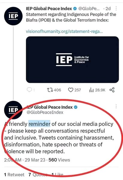 BiafranEmmy's tweet photo. @GlobPeaceIndex IPOB is the largest mass movement on the face of the earth!... We are a peaceful movement with justice and freedom as motto.... You have made the worst mistake ever, by tagging #IPOB a terrorist group, that act of defamation carries heavy consequences! https://t.co/ogEKXNXW6H