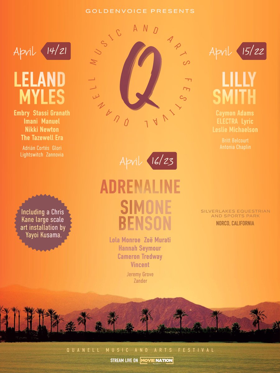 In loving memory of Christopher Quanell Kane, we officially announce the Quanell Music &amp; Arts Festival (#QUANELL2023) at SilverLakes Park in Norco, California. The lineup includes headliners <a href="/LelandMyles/">Leland Myles</a> and <a href="/theaussiepinup/">Lilly Smith</a>, plus co-headliners <a href="/Adrenaline/">Adrenaline</a> and <a href="/simonebenson/">Simone Benson</a>.