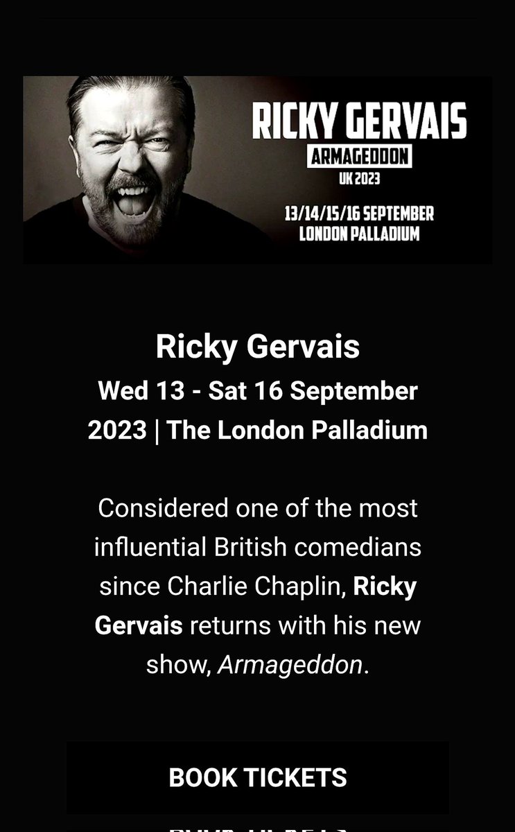 The queue was 50 minutes on the website for the presale & wish the peeps luck for tomorrow but got a front row aisle royal circle seat for Ricky Gervais at the Palladium.
Normally I'd watch on Netflix,but as my view will be quite close to him I thought it worth a 50 quid punt https://t.co/N5GDmIjzE7