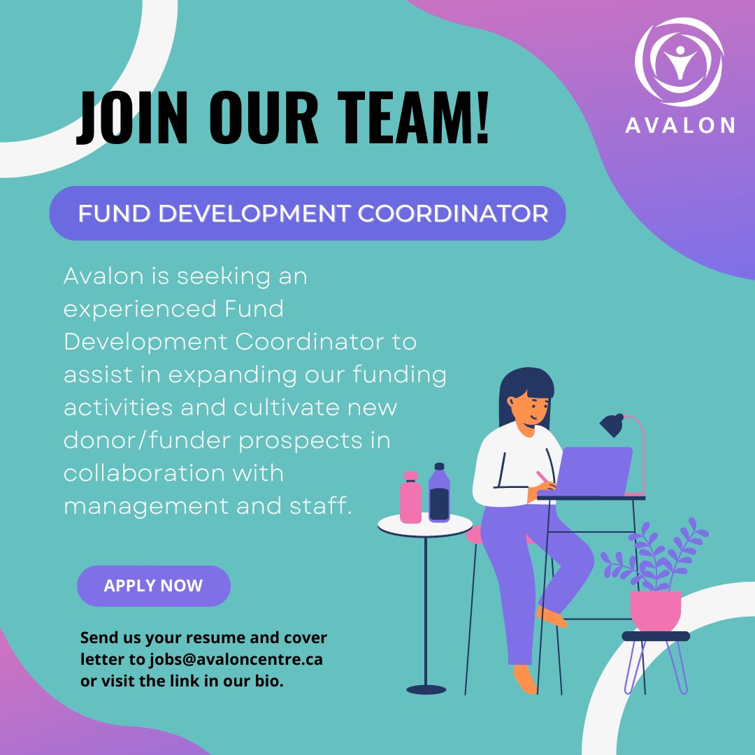 CentreAvalon's tweet photo. Avalon is excited to have opportunities for you to join our team! Please send us your resume and cover letter to jobs@avaloncentre.ca or visit the link in our bio for more information. https://t.co/Oi5ejVDLjX