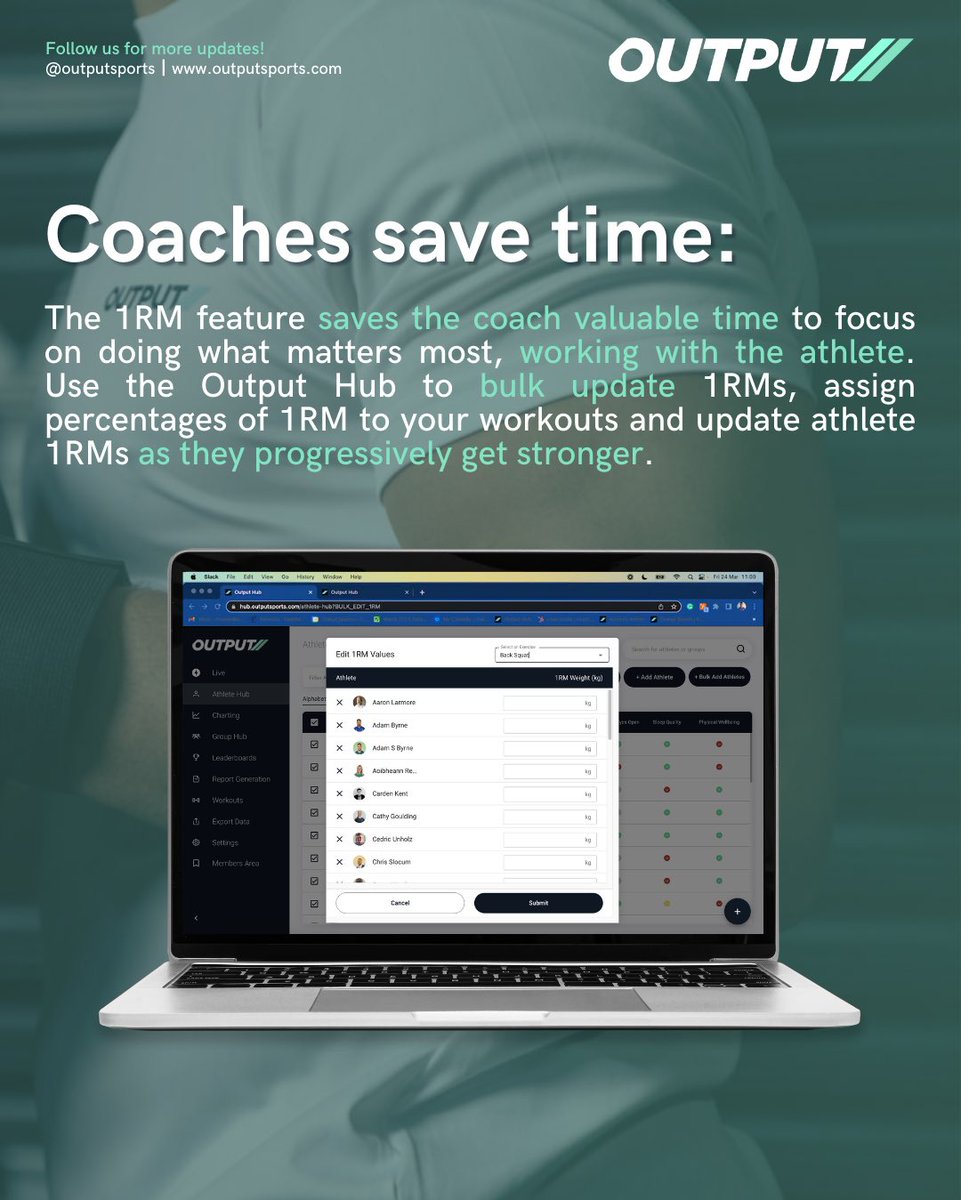 🚨 New Feature Alert 🚨

We’re excited to announce the release of our newest feature, 1RM 🏋️‍♂️

Check out more info below and we can't wait to hear about how it aids your athletes' training! 💪 

#OutputSports #SportsTech #OneRepMax #PR #PB #1RM