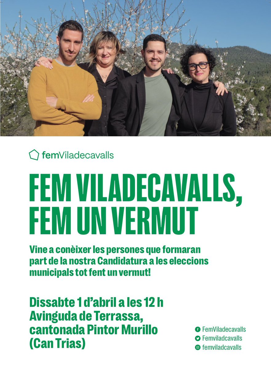 FemViladcavalls's tweet photo. 😃💚Aquest dissabte presentem a les persones que aniran a la Candidatura de Fem #Viladecavalls amb un vermut a #CanTrias. Ens veiem allà! 

#municipals2023 https://t.co/mQIYUa2gpJ