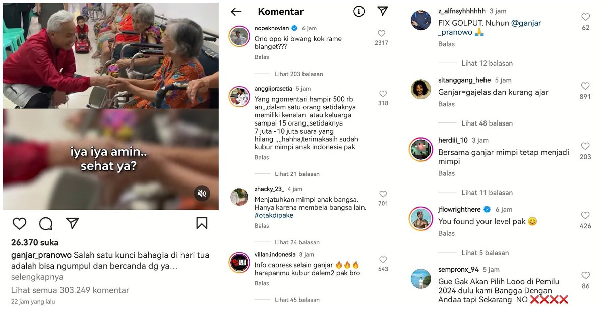 ekowboy2's tweet photo. Ganjar sukses hancurkan hati pendukung Jokowi, sudah tidak ada maaf.. 

300k komen IG isinya hinaan &amp; caci maki, siap-siap jadi gelandangan politik!! https://t.co/1YyU5zooqc