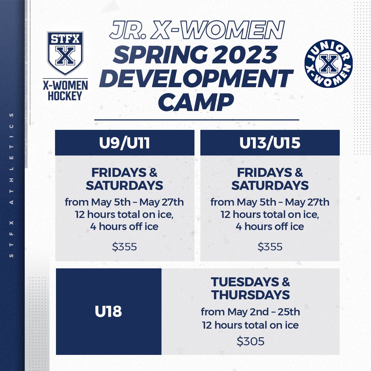 X-Women Hockey’s Spring Development Camp is just over a month away and there are still spaces available!

Join X-Women coaches, staff and players on the ice to improve your game — register at goxgo.ca/sportscamps #goxgo