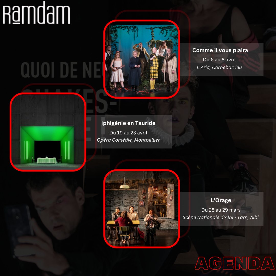 Cette semaine, le #RamdamAgenda vous propose : 😉😊

- Comme il vous plaira, du 6 au 8 avril à l'Aria de Cornebarrieu
- Iphigénie en Tauride, du 19 au 23 avril à l'<a href="/OONMLR/">Opéra Orchestre national Montpellier Occitanie</a>
- L'Orage, les 28 et 29 Mars, à la <a href="/SNAlbi/">Scène Nationale d'ALBI•Tarn</a>

Et voilà✨
Amusez vous bien ! 😉
#sorties #agenda #culture #art
